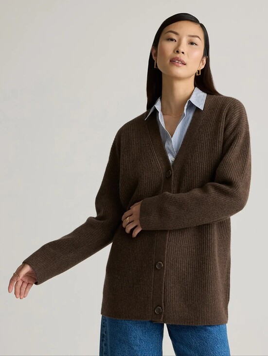 Quince Sweaters - QUINCE Mongolian Cashmere 2.0 Oversized Boyfriend Cardigan Sweater Brown LARGE